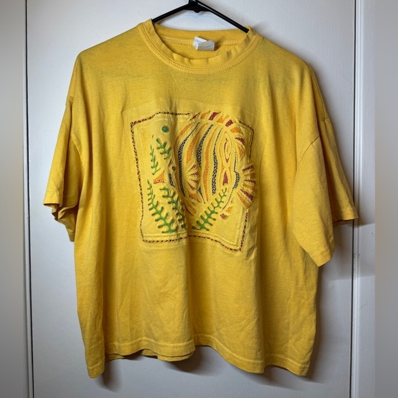 Bobbie Brooks Yellow Cotton Blend Boxy Fit Tropical Fish Sparkly T Shirt OS - Picture 1 of 13